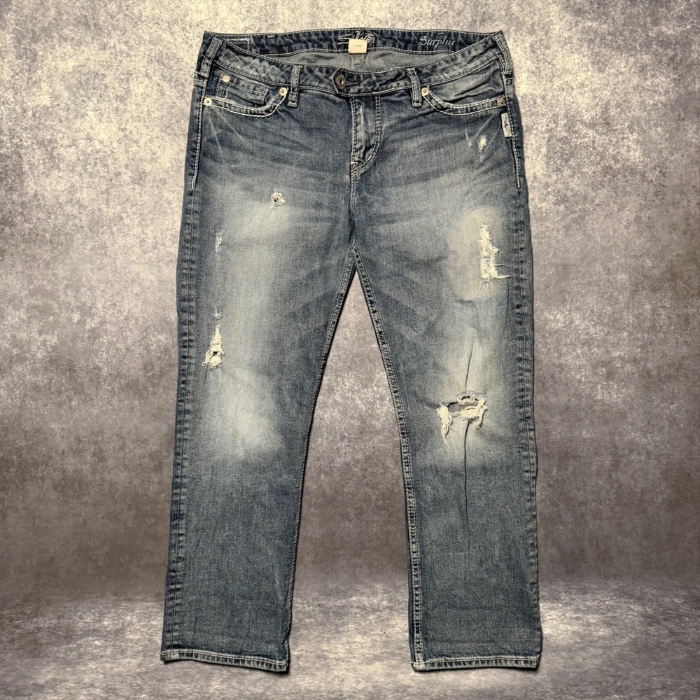 Silver Jeans Surplus Distressed Straight Leg Blue Denim Jeans Womens‎ Size 31